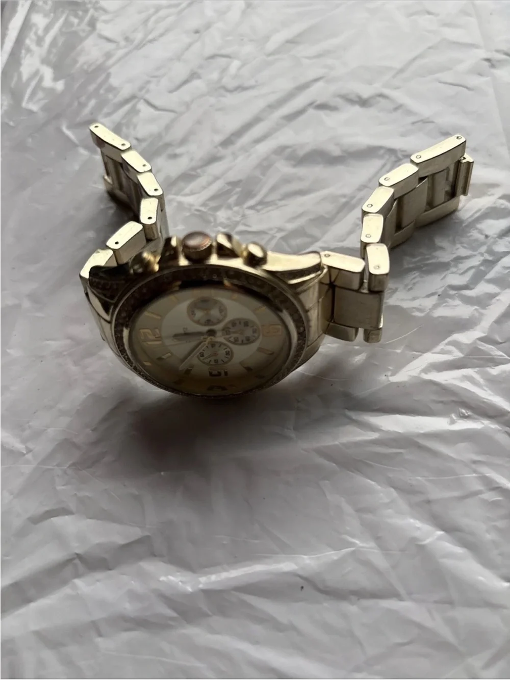 Men's Gold-Tone Chronograph Bracelet Watch with Cream Dial-Encrusted-New Battery